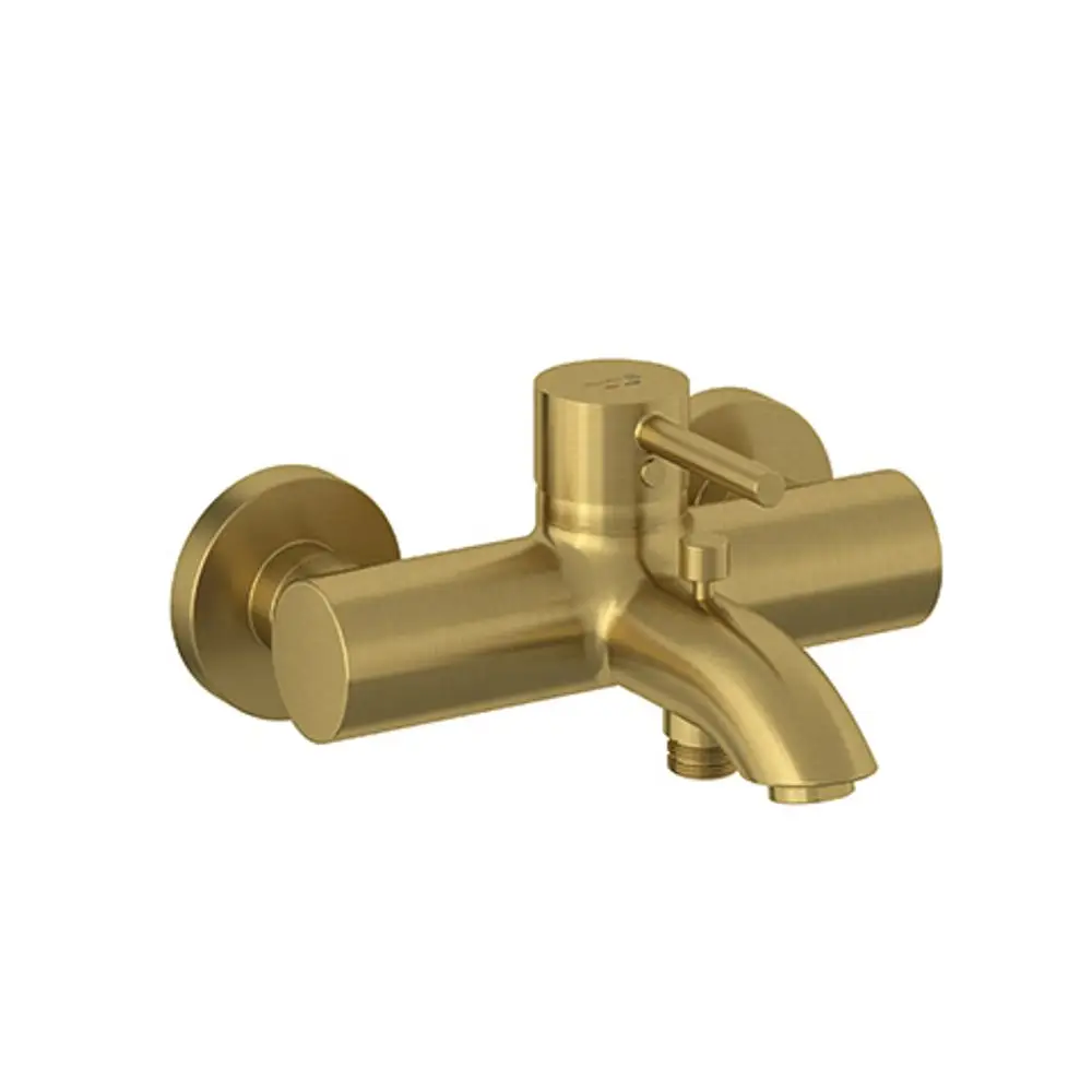 Wandmontierter Einhandmischer in brushed gold von Kludi, mit seitlichem Hebel und Auslauf, für den Einsatz in Badezimmer oder Küche.
